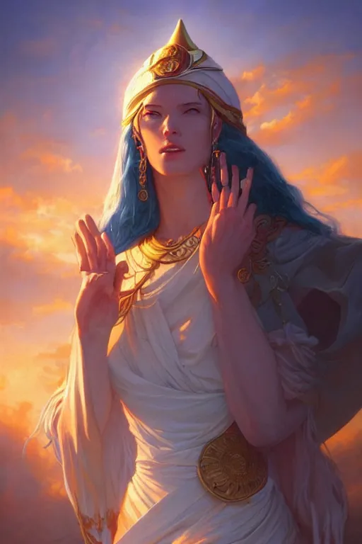 Image similar to the high Priestess of the sun god greets the rising sun, 8k resolution digital painting by Michael Whelan and Peter Mohrbacher, cinematic morning light