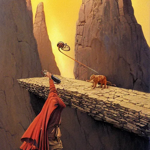 Image similar to Highly detailed oil painting of Gandalf fighting a Fire Dachshund on a narrow rock bridge, underground, intricate artwork by Angus McBride, John Howe, Matthew Stewart, Ted Nasmith, heroic fantasy