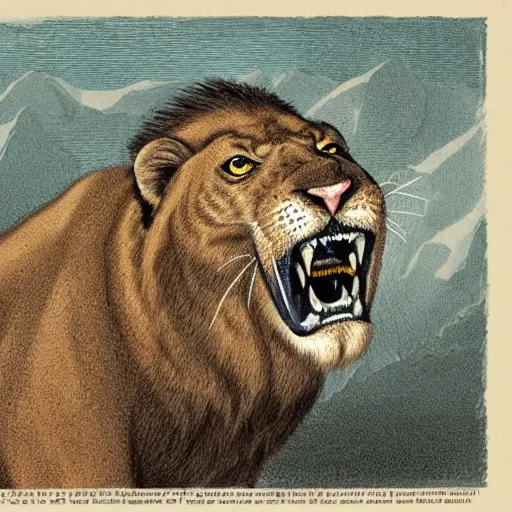 Image similar to a sabertooth cat, lion with huge walrus fangs, naturalist illustration