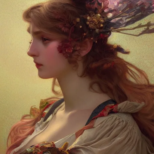 Image similar to closeup portrait fashion photo of divine beauty, beautiful detail and color, art by john collier and albert aublet and krenz cushart and artem demura and alphonse mucha, volumetric lighting, octane render, 4 k resolution, matte, sharp focus, illustration, art by jacque - louis david, baroque style