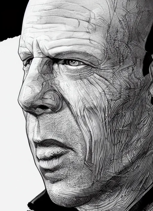 Image similar to highly detailed ink illustration of bruce willis, unreal engine, octane render, b & w clean shaped illustration by kim jung gi, ron english and eiichiro oda