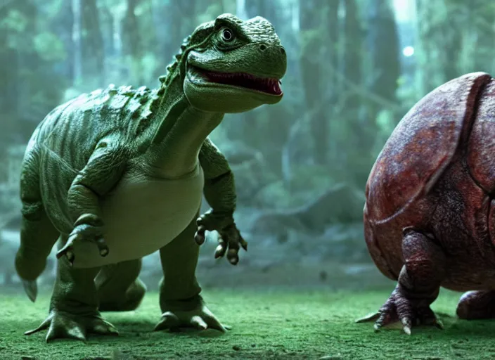 Image similar to film still of yoshi in the new sci - fi movie, cute upright standing upright upright dinosaur standing on its hind legs with a small red turtle shell and sticking out a long sticky tongue, 8 k