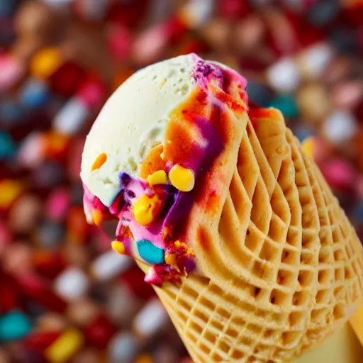 Prompt: close up on an ice cream cone colorful food photography