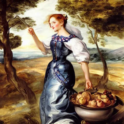 Image similar to heavenly summer sharp land sphere scallop well dressed lady standing next to a honda civic, auslese, by peter paul rubens and eugene delacroix and karol bak, hyperrealism, digital illustration, fauvist, standing next to a honda civic