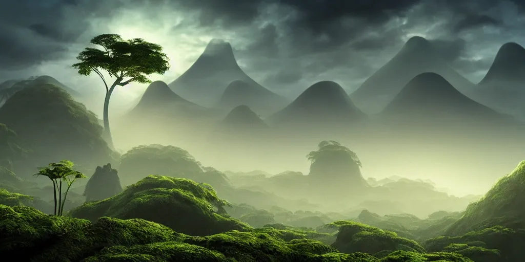 Prompt: a distant prehistoric fern jungle, a silhouette of a distant sauropod head in the background, mountains, clouds, volumetric lighting, hazy, washed out, an award winning digital render, beautiful, ultradetailed, hyperrealistic, great composition