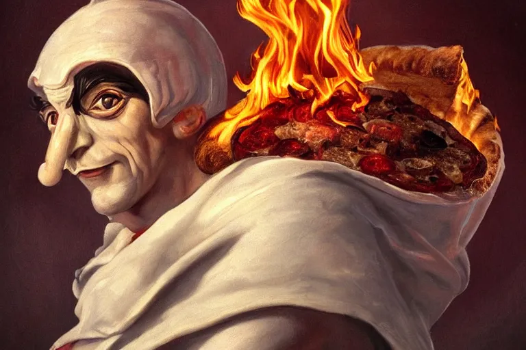 Image similar to a highly detailed portrait of pulcinella!!! from naples with a pizza!!, a burning volcano in the background, an ultrafine detailed painting by achille superbi, dark mood, trending on deviantart, whimsical, lowbrow, coherent, sharp focus, octane, masterpiece