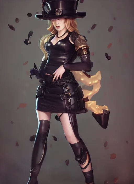 Image similar to caitlyn from league of legends, wearing black dress police hat, pearl skirt, hyper detailed, digital art, trending in artstation, cinematic lighting, studio quality, smooth render, unreal engine 5 rendered, octane rendered, art style by klimt and nixeu and ian sprigger and wlop and krenz cushart