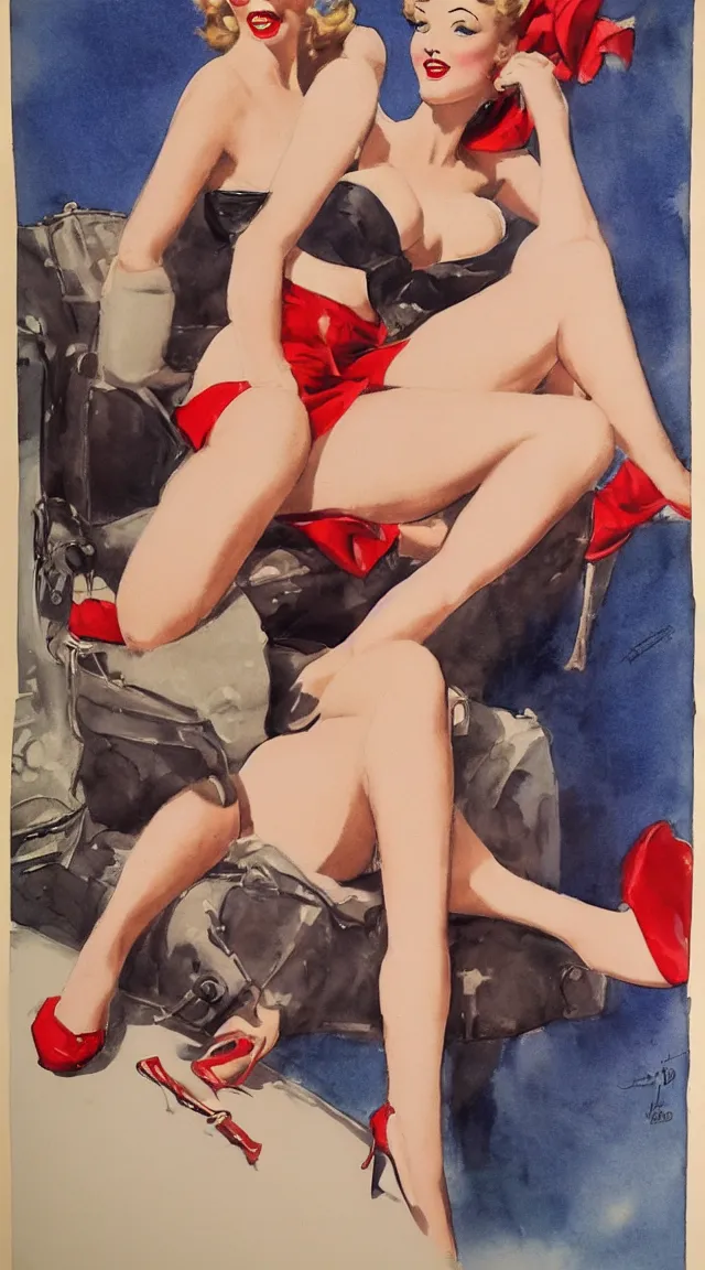 Image similar to a full body portrait of pin up post war dressing a military unioform,with, water color, Gil Elvgren style