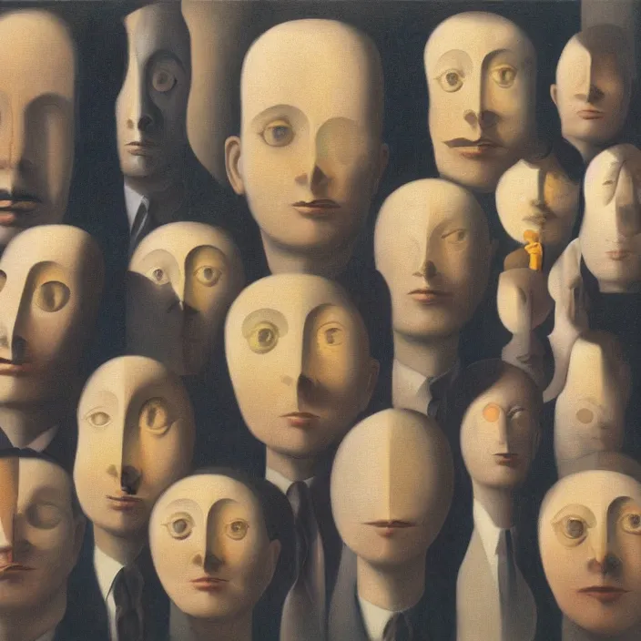 Image similar to group of people pictured in afternoon light, close - up of the faces, anatomically and proportionally correct, surrealist oil painting by dora maar and rene magritte, detailed