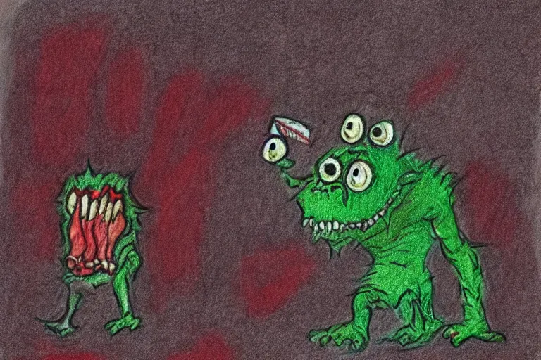 Prompt: a childs crayon drawing of the monster that lives under his bed, horror!!, terror!!!