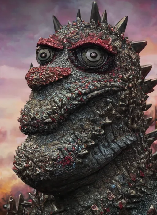 Image similar to closeup profile portrait of tin toy godzilla, depth of field, zeiss lens, detailed, symmetrical, centered, fashion photoshoot, by nicoletta ceccoli, mark ryden, lostfish, breathtaking, 8 k resolution, extremely detailed, beautiful, establishing shot, artistic, hyperrealistic, octane render