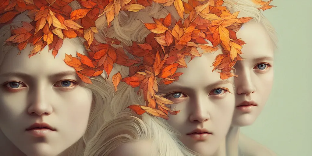 Image similar to breathtaking detailed concept art painting pattern of blonde faces goddesses amalgamation autumn leaves with anxious piercing eyes, by hsiao - ron cheng and james jean, bizarre compositions, exquisite detail, extremely moody lighting, 8 k