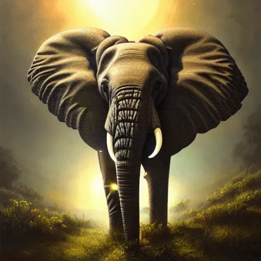Prompt: a hyperrealistic illustration of a elephant, savanna background with fractal sunlight, award - winning, masterpiece, in the style of tom bagshaw, cedric peyravernay, peter mohrbacher