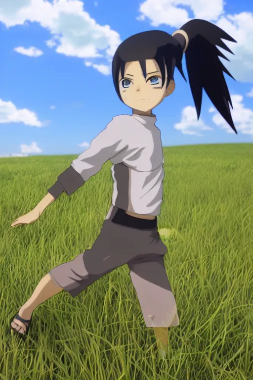 Prompt: 3D CG anime naruto character rin person made of bluegreen gem rock standing in a grassy field on a sunny day wearing a white shirt with black tie and black shorts, ocean shoreline can be seen on the horizon, beautiful composition, 3D render, 8k, key visual, made by Haruko Ichikawa, Makoto Shinkai, studio Ghibli