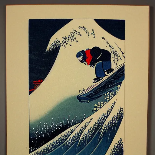 Prompt: man snowboarding woodblock print, style of hokusai, fine art, style of kanagawa, painting