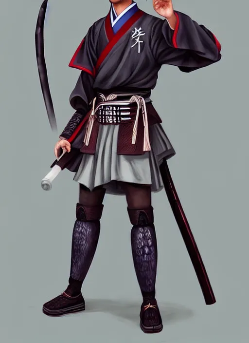 Prompt: full body portrait of a school uniform samurai. detailed face, concept art, digital art, intricate, highly detailed 8 k, smooth, sharp focus, beautiful and aesthetic shape of face and body, artgerm, artstation, art by zexi guo and nira and kafun and gharliera and rinotuna