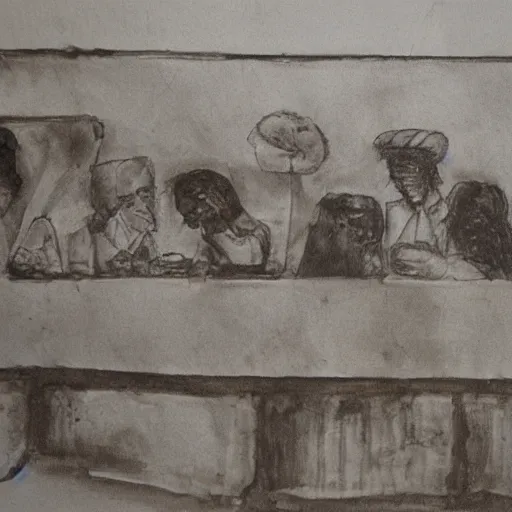 Image similar to last supper, drawn by a 5 year old detailed, sketh