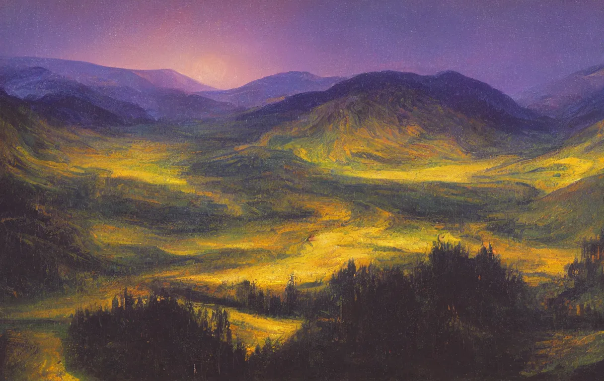 Prompt: Realist colorful impasto painting of the Salmon River valley at night by John Harris, 4k scan, oil on canvas, visible brushstrokes