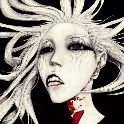 Image similar to Yoshitaka Amano realistic illustration of an anime girl with white hair and cracks on her face wearing dress suit with tie fluttering in the wind, abstract black and white patterns on the background, noisy film grain effect, highly detailed, Renaissance oil painting, weird portrait angle