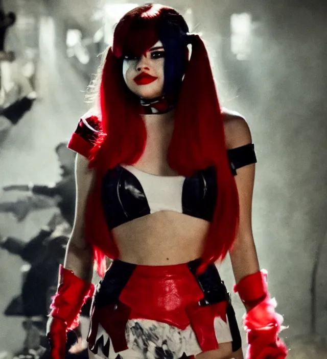 Prompt: selena gomez as harley quinn, movie still frame, hd, remastered, film grain, cinematic lighting