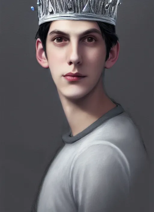 Image similar to portrait of teenage jughead jones wearing a light grey crown, photorealistic, crown made of fabric, crown made of felt, black hair, intricate, elegant, highly detailed, digital painting, glowing lights, artstation, concept art, smooth, sharp focus, illustration, art by wlop, mars ravelo and greg rutkowski