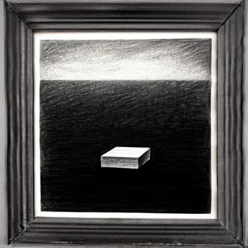 Image similar to a realistic charcoal drawing of a black square floating over the ocean in the style of Marco Tirelli