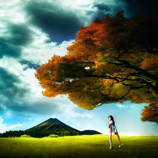 Image similar to a beautiful photograph of a girl with japan landscape in the background with trees, hdr, 8 k, high quality, sharp focus, artstation, highly detailed, award - winning, dramatic lighting, beautiful clouds, and nature