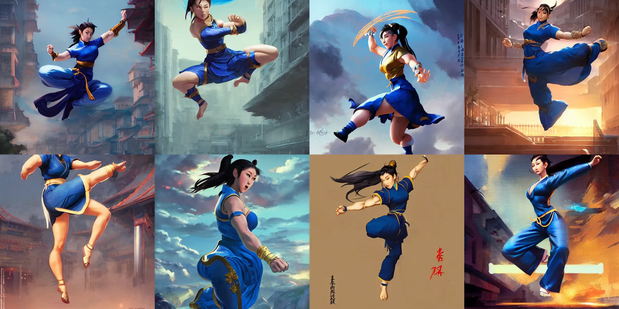 Prompt: chun - li, in a blue qipao, standing, kicking high, street fighter, energetic, dynamic, matte painting by greg rutkowski