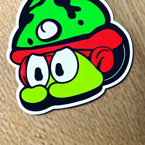 Image similar to die cut sticker, yoshi wearing mario's mustache, splatter paint