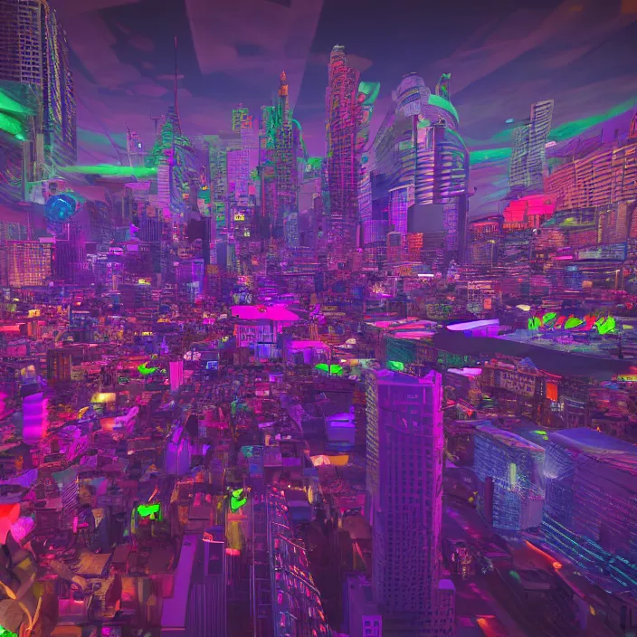 Image similar to wide ((wide)) photo of surreal city sky line (((dynamic neon lighting)) in chromatic dmt trippy style of fear and loathing unreal engine 50mm photorealistic