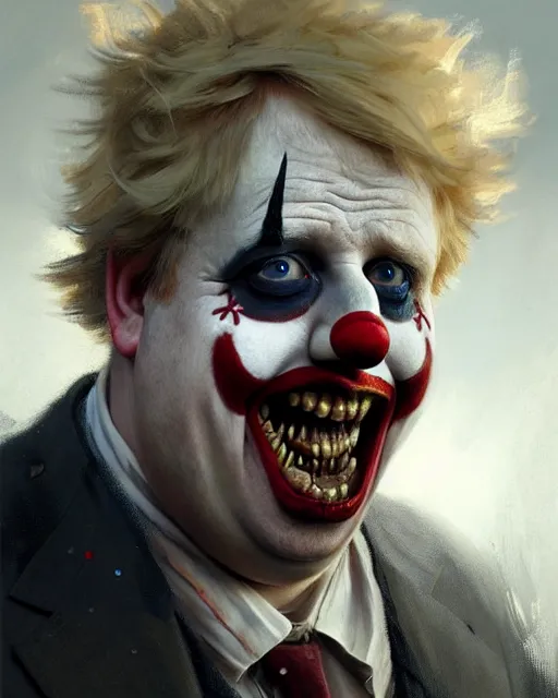 Image similar to boris johnson as clown character portrait, ultra realistic, concept art, intricate details, highly detailed by greg rutkowski, gaston bussiere, craig mullins, simon bisley