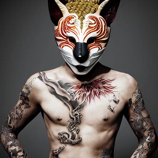 Prompt: a young male wearing a beautiful kitsune mask, his body is covered in beautiful tattoos, photographed by erwin olaf, intricate, editorial