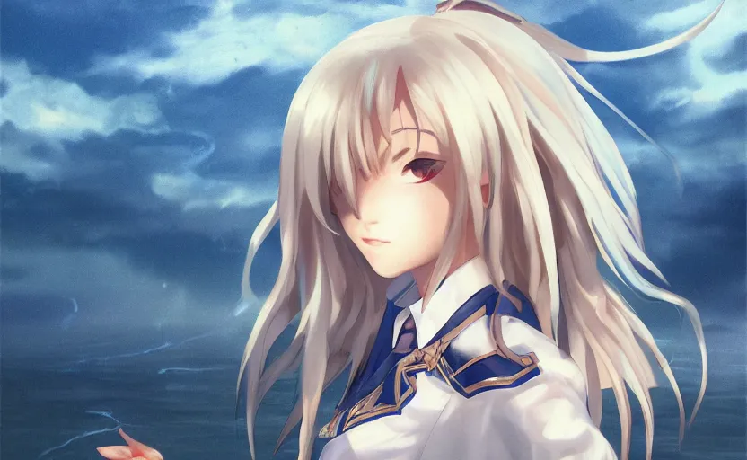 Image similar to character art, concept art, stunning, realistic lightning, realistic ocean, from the azur lane videogame, matte, sharp focus, intricate, 150mm, illustration, trending on pixiv, by mihoyo, realistic human anatomy, simple design, female sailor uniforms, clean line art, clean coloring, more contrast