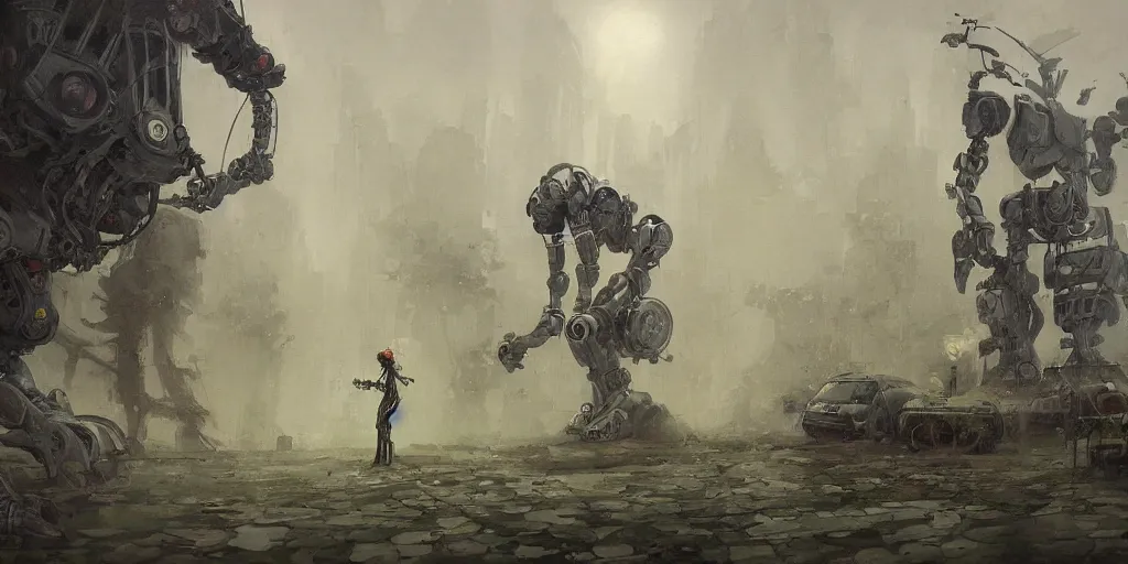 a foggy epic oil painting of a solarpunk robot by kim | Stable ...