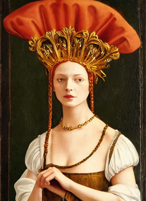 Prompt: portrait of young woman in renaissance dress and renaissance headdress, style by the fifth element