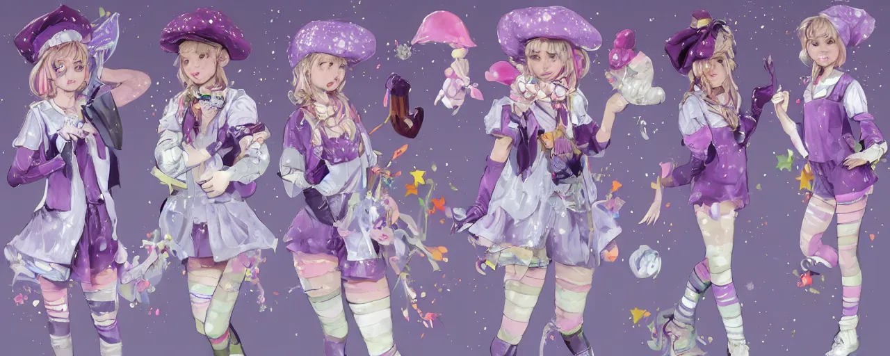 Prompt: A character sheet of a cute magical girl with short blond hair and freckles wearing an oversized purple Beret, Purple overall shorts, Short Puffy pants made of silk, pointy jester shoes, a big scarf, and white leggings. Rainbow accessories all over. Covered in stars. Short Hair. By Seb McKinnon. By WLOP. By Artgerm. By william-adolphe bouguereau. Jean-Baptiste de Champaigne. Decora Fashion. harajuku street fashion. Kawaii Design. Intricate. Highly Detailed. Digital Art. Fantasy. CGSociety. Sunlit. 4K. UHD. HyperMaximalist. Denoise. Hyper realistic.