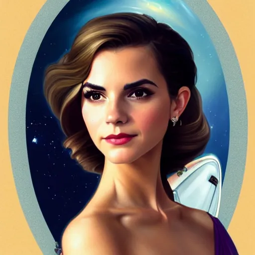 Image similar to A combination of Victoria Justice's and Grace Kelly's and Emma Watson's appearances as an astronaut, full body portrait, western, D&D, fantasy, intricate, elegant, highly detailed, digital painting, artstation, concept art, matte, sharp focus, illustration, art by Artgerm and Greg Rutkowski and Alphonse Mucha