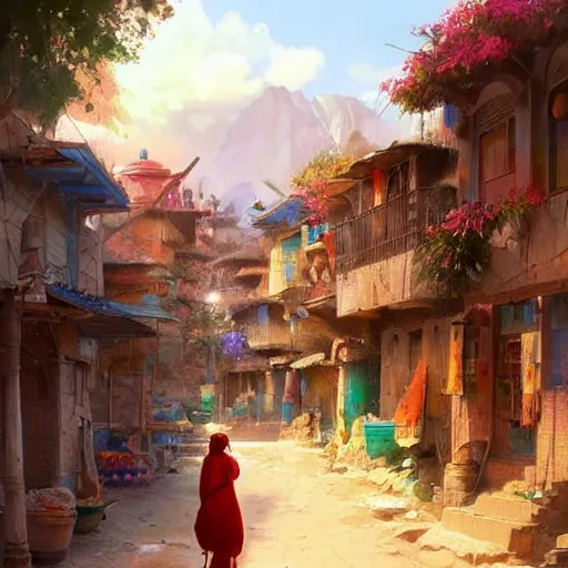 Image similar to colorful Kurdish village, anime, a fantasy digital painting by Greg Rutkowski and James Gurney, trending on Artstation, highly detailed