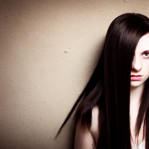 Prompt: beautiful young woman with long straight dark hair, pale skin, brown eyes portrait, photograph, intricate complexity, rule of thirds, dramatic lighting dark background