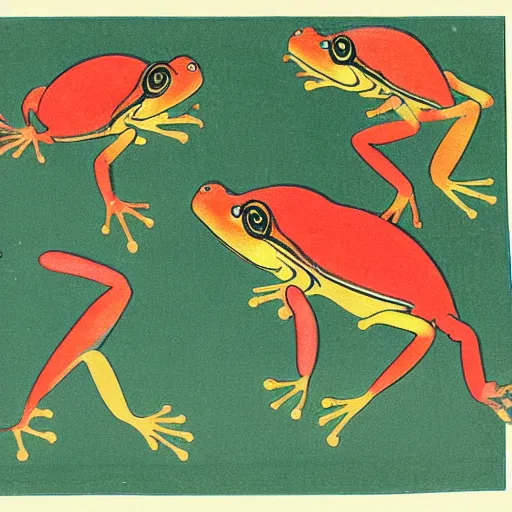 Image similar to ancient Japanese color art of a trio of frogs in different colors