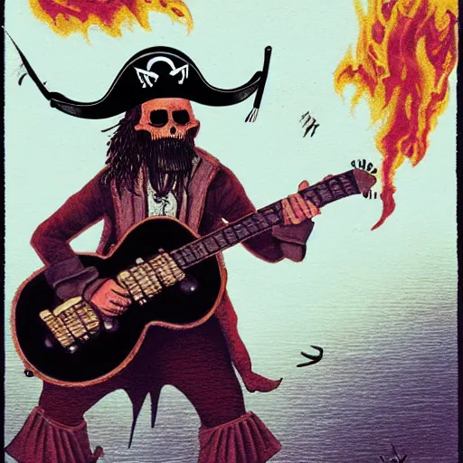 Prompt: a pirate playing an electric guitar in hell