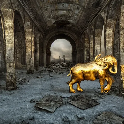 Prompt: golden mammoth in a ruined city, photorealistic, realistic, dramatic, cinematic, photography