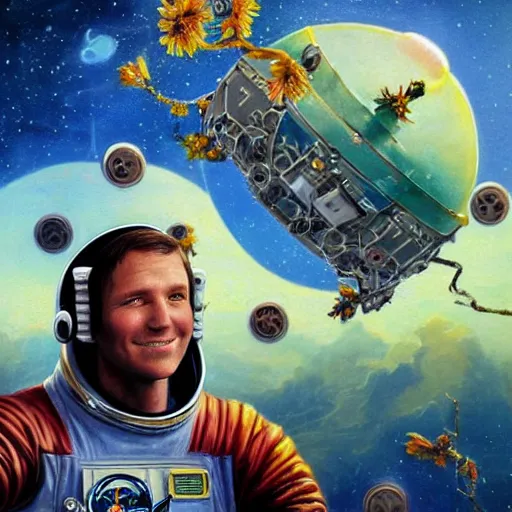 Image similar to realistic detailed view astronaut in space with flower crown by terance james bond, russell chatham, greg olsen, thomas cole, james e reynolds, photorealistic, fairytale, art nouveau, illustration, concept design, storybook layout, story board format