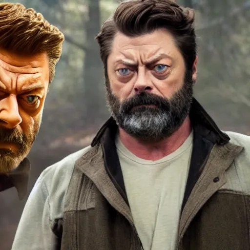 Image similar to nick offerman ( accurate face ) as wolverine, photorealistic logan movie still, detailed, 8 k