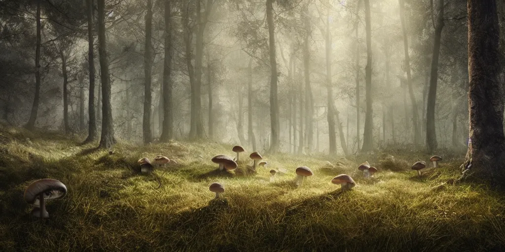 Image similar to forrest full of mushrooms and one deer, superwide angle, light through the mist, dramatic lighting, photorealistic, cinematic lighting, high detail, cinematic feel, high octane, 4 k, unreal engine, digital render, intricate, ultra realistic, concept art