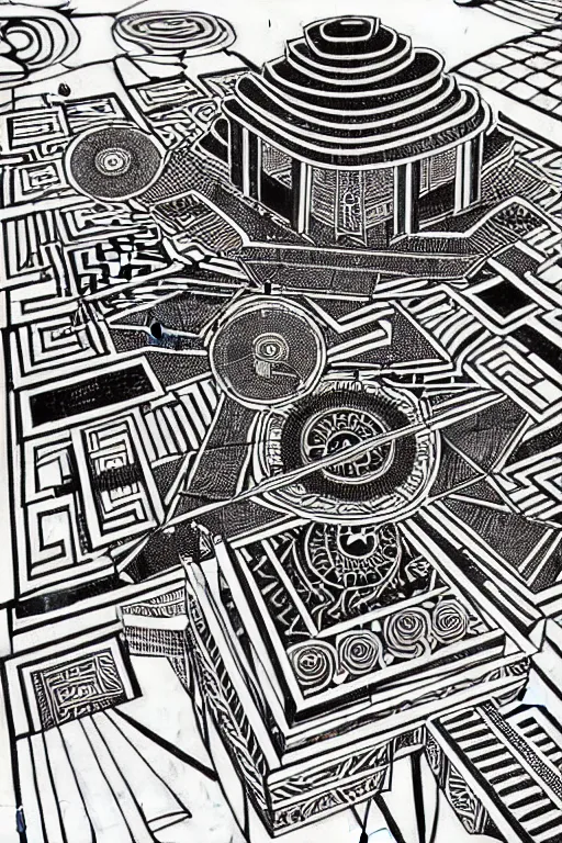 Image similar to a black and white drawing of an ancient future mayan temple mandala cityscape, a detailed mixed media collage by hiroki tsukuda and eduardo paolozzi and moebius, intricate linework, sketchbook psychedelic doodle comic drawing, geometric, street art, polycount, deconstructivism, matte drawing, academic art, constructivism