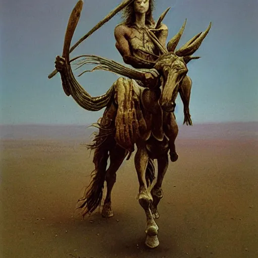 Image similar to centaur in ancient armor, tribal, beksinski