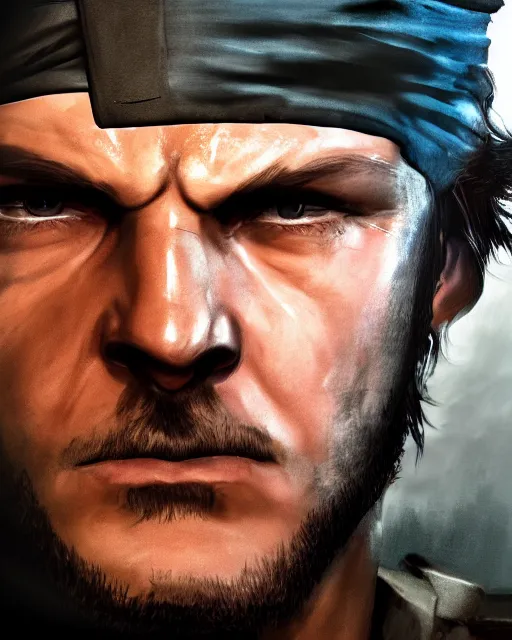 Image similar to solid snake wearing bandana on head portrait, cinematic lighting, backlit face, tired expression, close - up, black atmospheric background, 4 k ultra detailed digital photoshop painting, best of artstation hdr, official artwork hdr