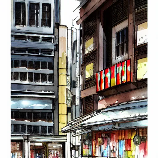 Image similar to Tokyo storefronts facade watercolors in the style Mateusz Urbanowicz,Albert Kiefer, digital art painting artstation global illumination GI AAA SSS