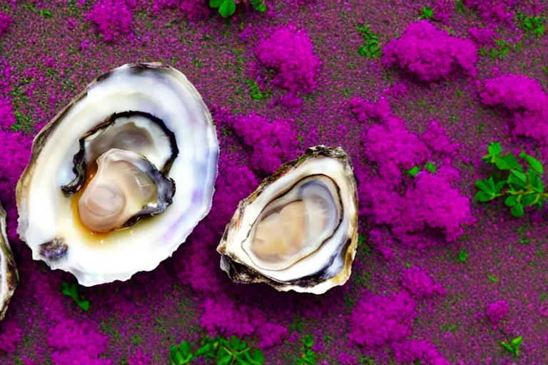 Image similar to a romantic dlsr photoportrait of an oyster in the field of flowers. pastel colors, blurred background. sharp focus on the oyster, 5 0 mm lens, professional light, aerial shot from the drone